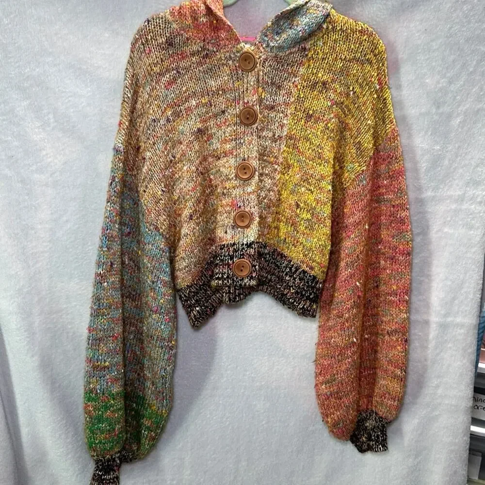 Free People Vibe Check Multicolor Cropped Hooded Cardigan - Picture 5 of 10